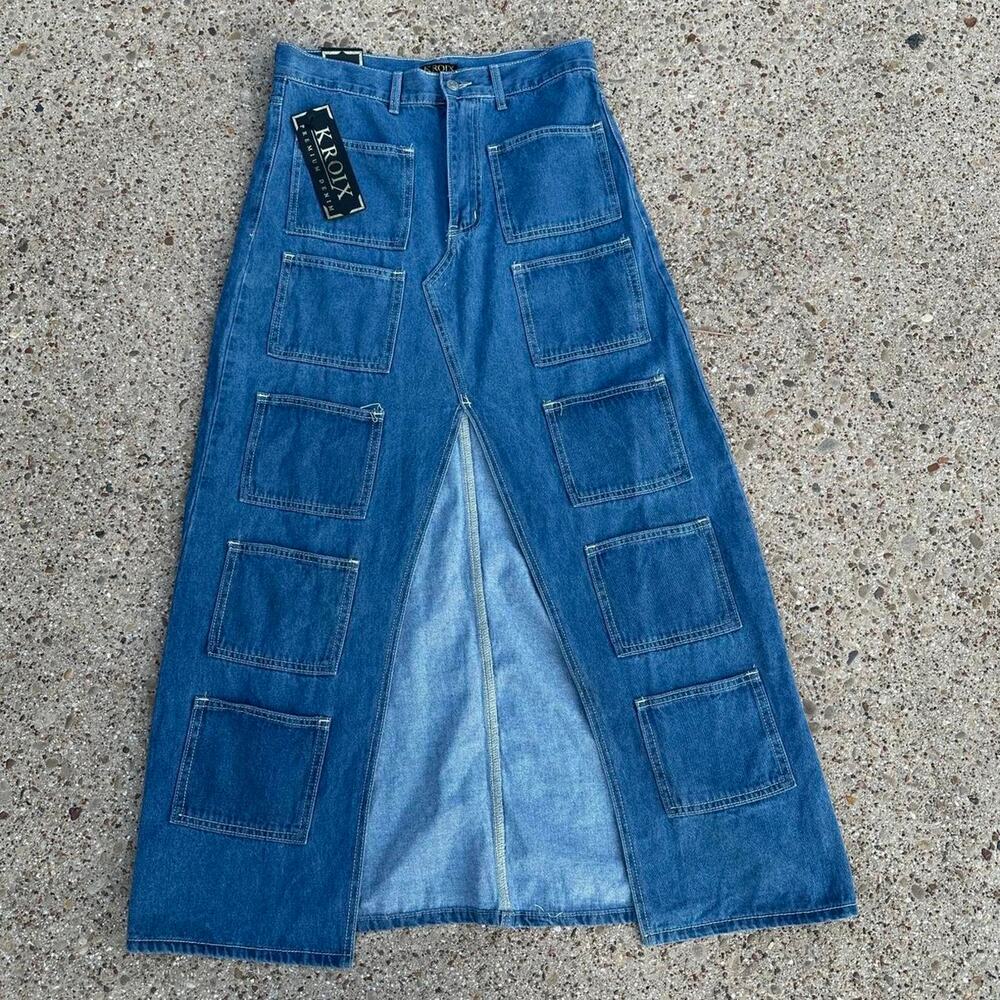 Y2K KROIX denim maxi skirt with pocket details and a slit in the front womens L